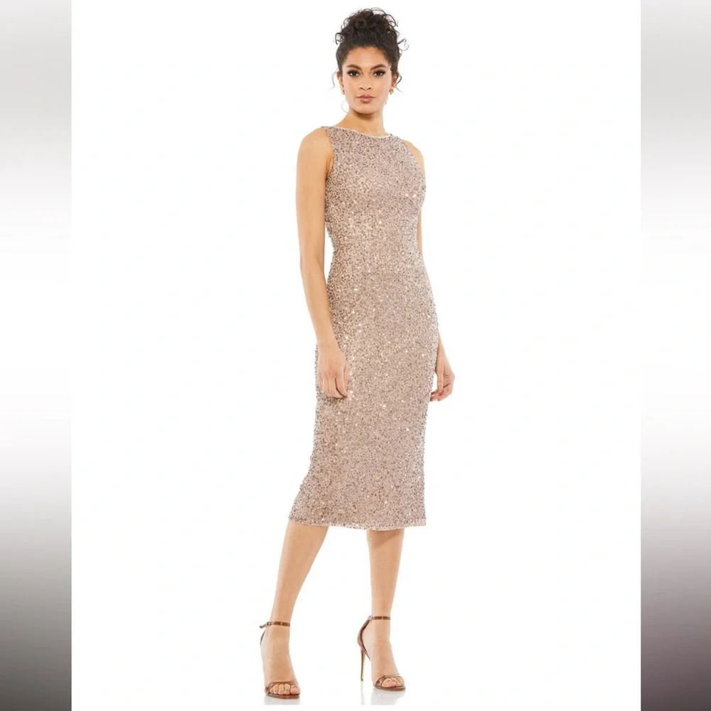 Mac Duggal 5526 Rosewood Rose Gold Sequin Jewel Neck Tea Length Dress NWT 12 - Picture 8 of 15